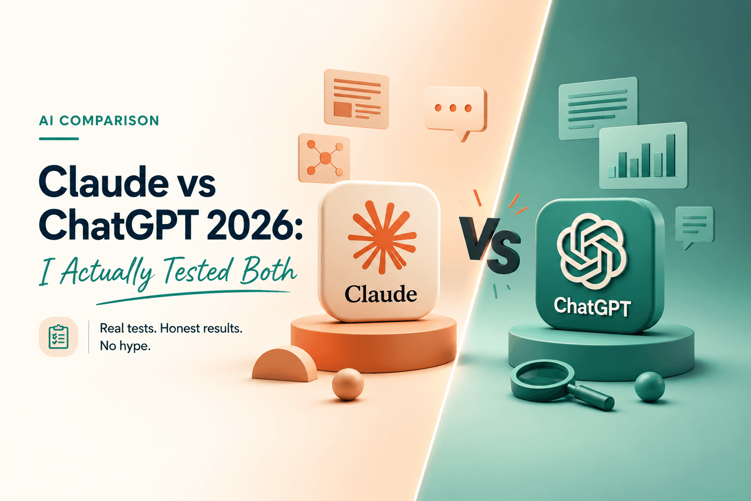 Editorial comparison banner showing Claude and ChatGPT side by side with a ‘VS’ between them, titled ‘Claude vs ChatGPT 2026: I Actually Tested Both.