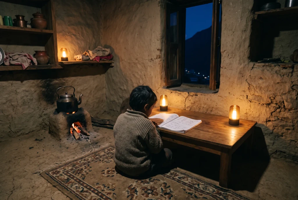 A child reading at a low table by the light of three solar lamps
