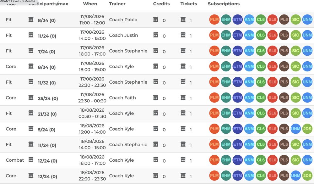 Planning dei corsi con trainer, capienza, crediti e prenotazioni in Uptivo