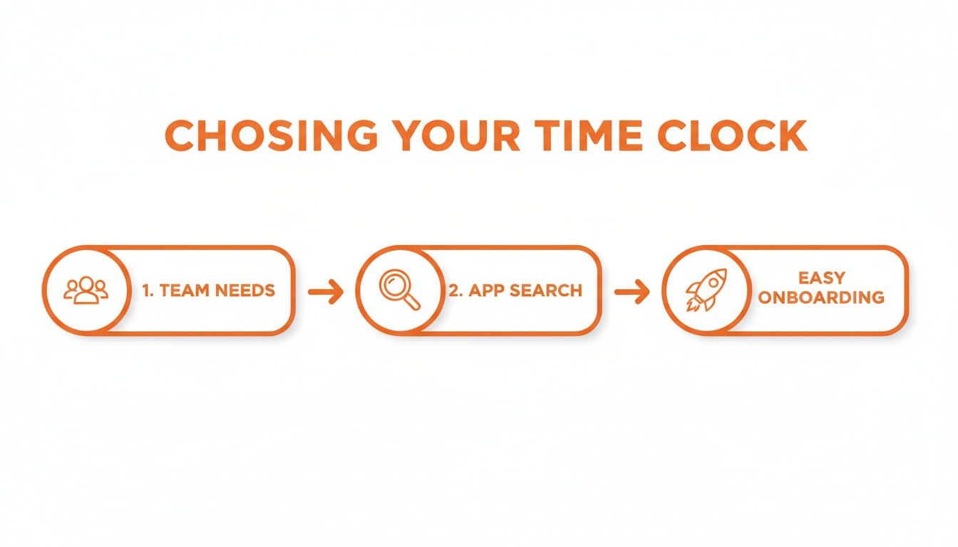 A three-step guide illustrating how to choose a time clock, focusing on team needs, app search, and easy onboarding.