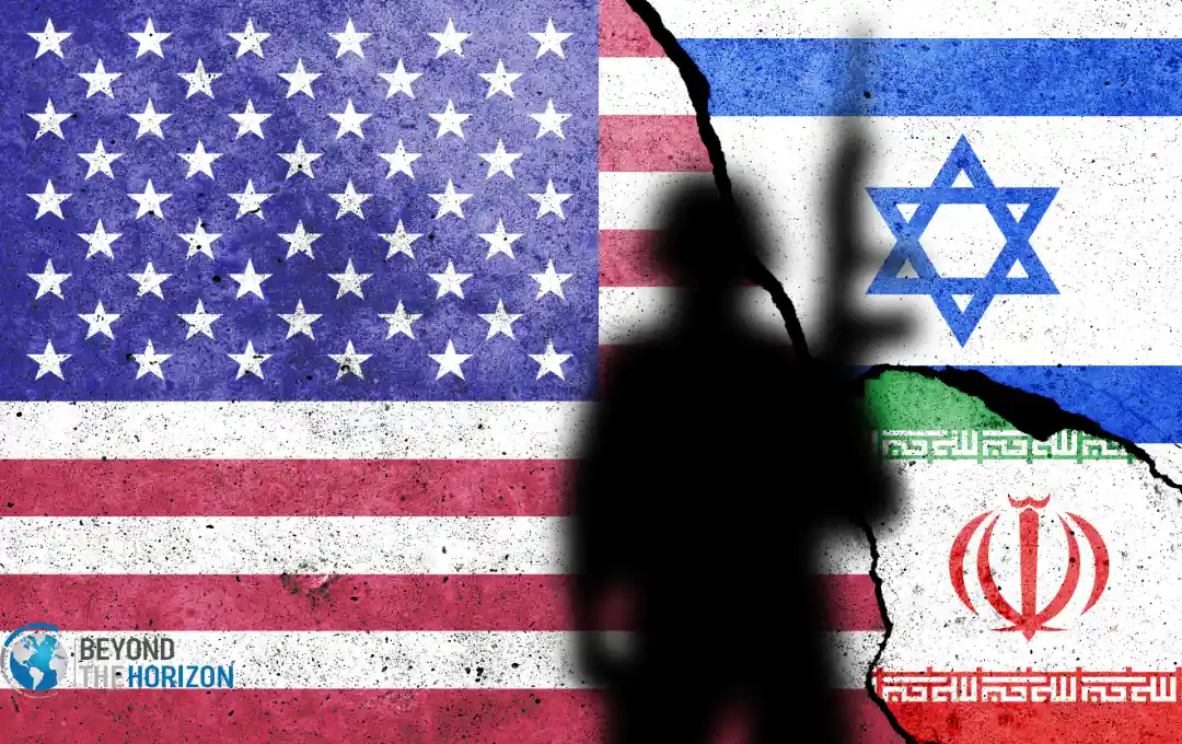 A silhouette of a soldier stands against a cracked background displaying the flags of the United States, Israel, and Iran, symbolizing international tension and conflict.