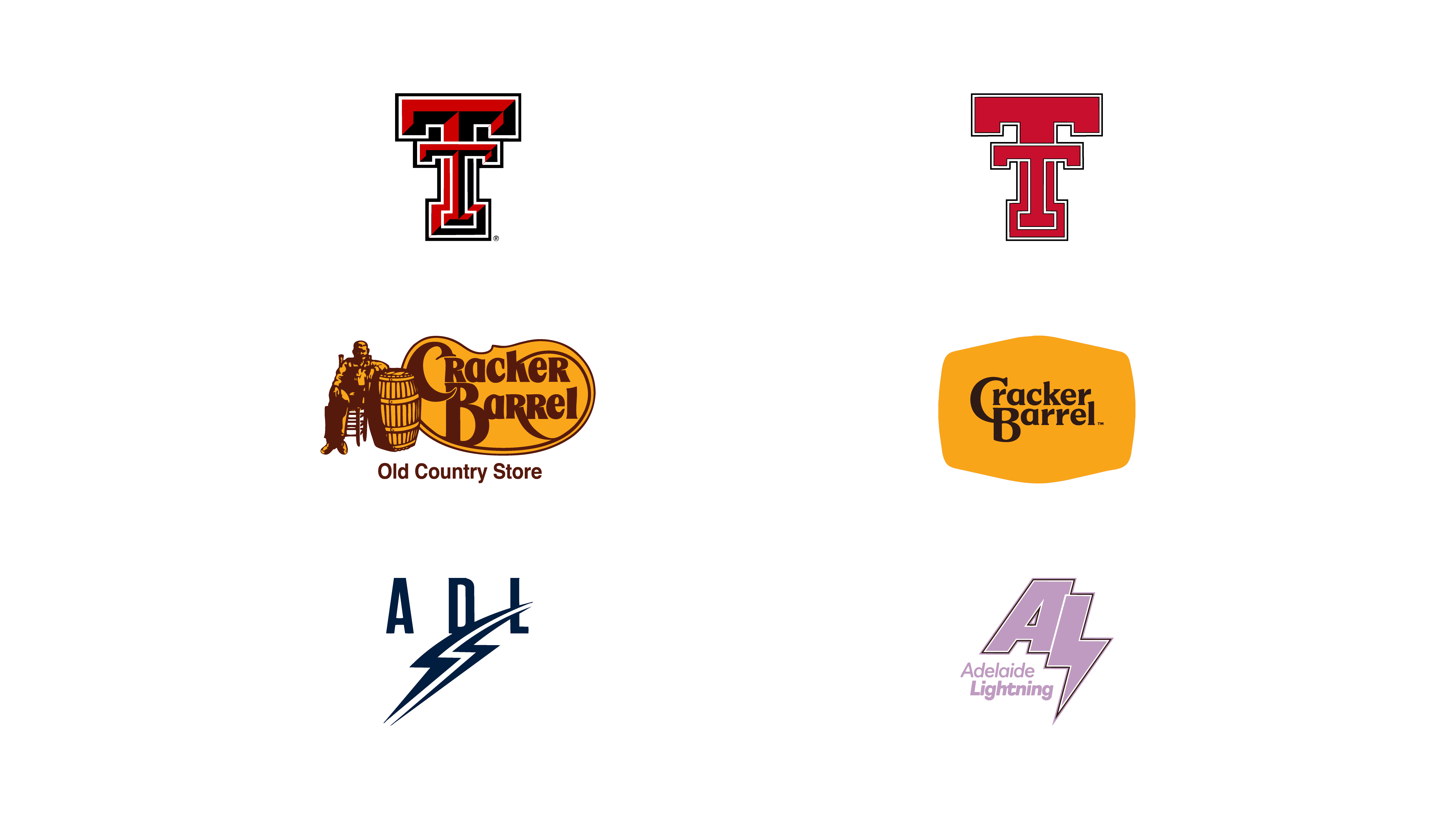Side-by-side logo updates for Texas Tech, Cracker Barrel, ADL, and Adelaide Lightning brands.