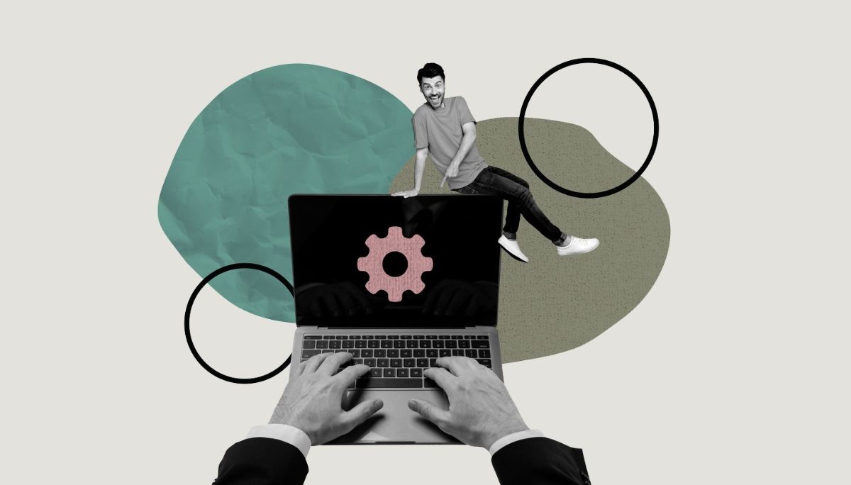 Collage of laptop with gear icon and hands typing, symbolizing preventive maintenance and how engineering teams apply it.