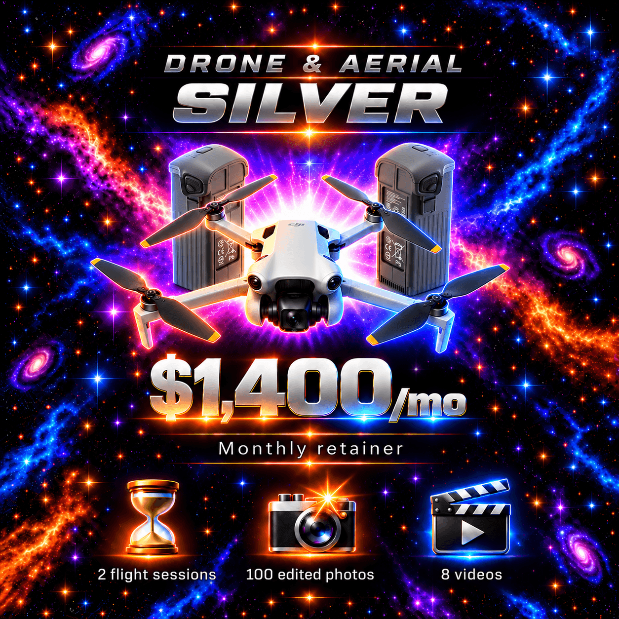 Silver Drone & Aerial pricing artwork; illustrated equipment imagery.