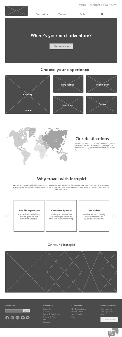 Mid-fidelity Intrepid travel-search and content screens.