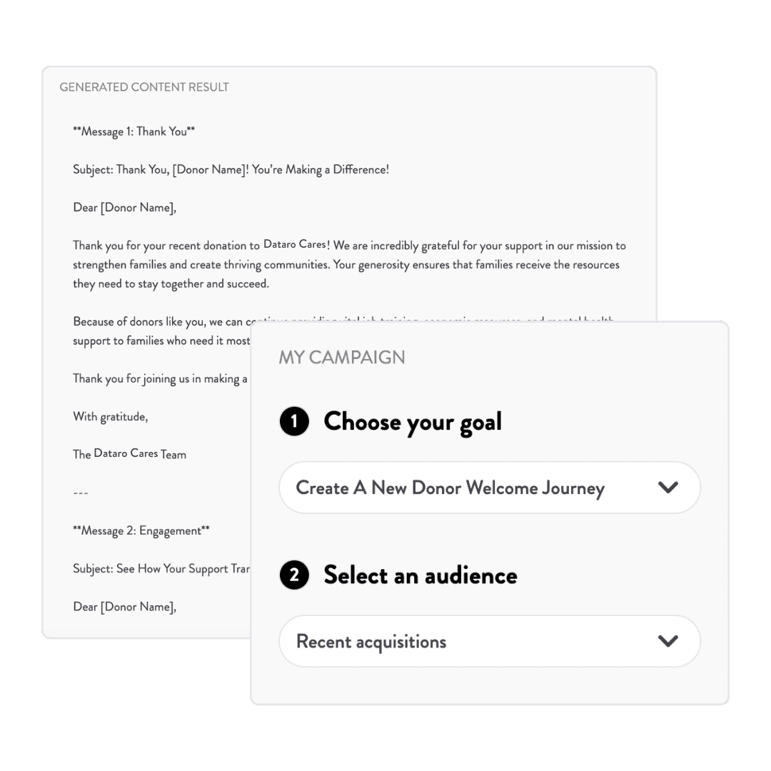 screenshot of an example of Dataro's AI-generated content, showing the ability to choose different goals and audiences to create content for.