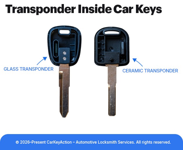 Illustration showing two car keys with internal transponder types labeled as glass transponder and ceramic transponder