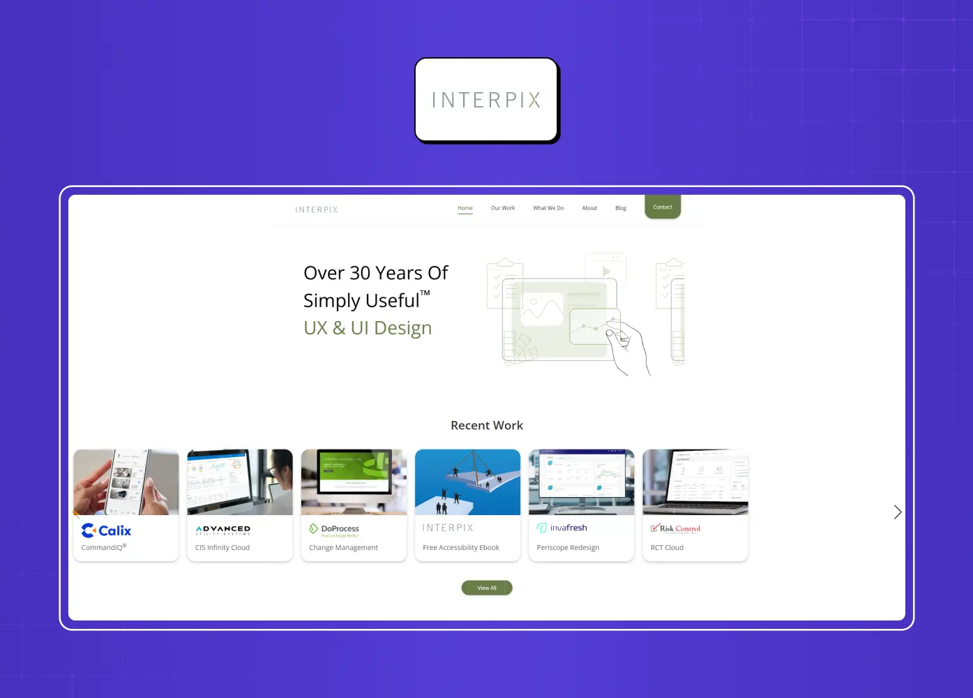 Interpix homepage promoting over 30 years of UX and UI expertise, featuring recent project showcases and a clean, minimalist layout.