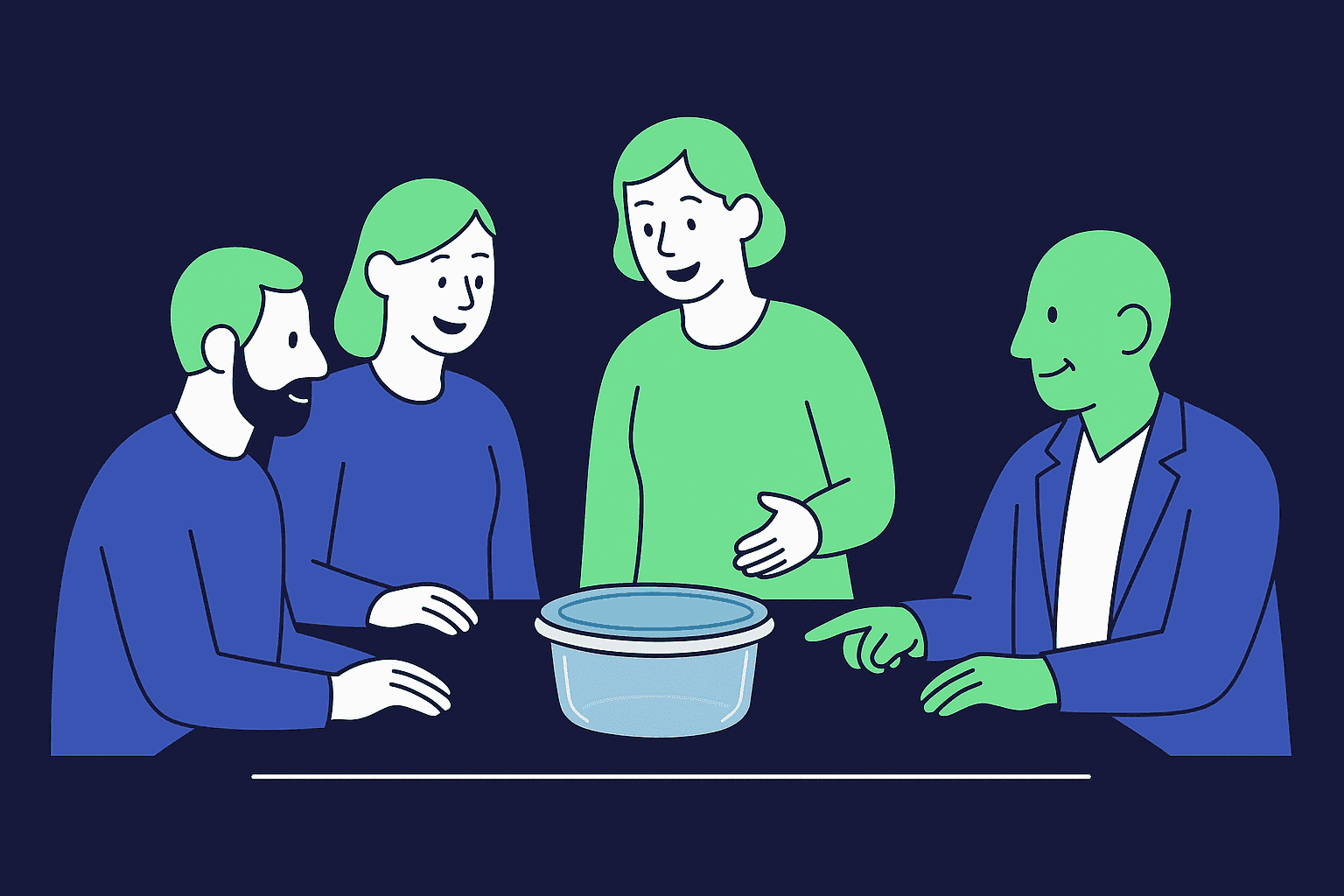 four people discussing Tupperware
