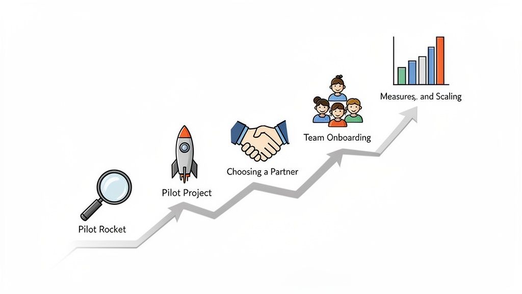 An upward arrow illustrates five project phases: Pilot Rocket, Pilot Project, Choosing a Partner, Team Onboarding, and Scaling.