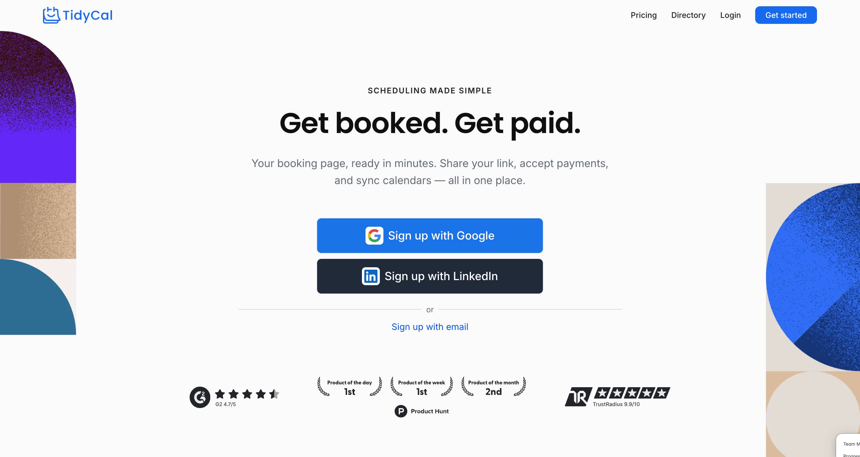 Tidycal homepage hero section showing headline, call-to-action
