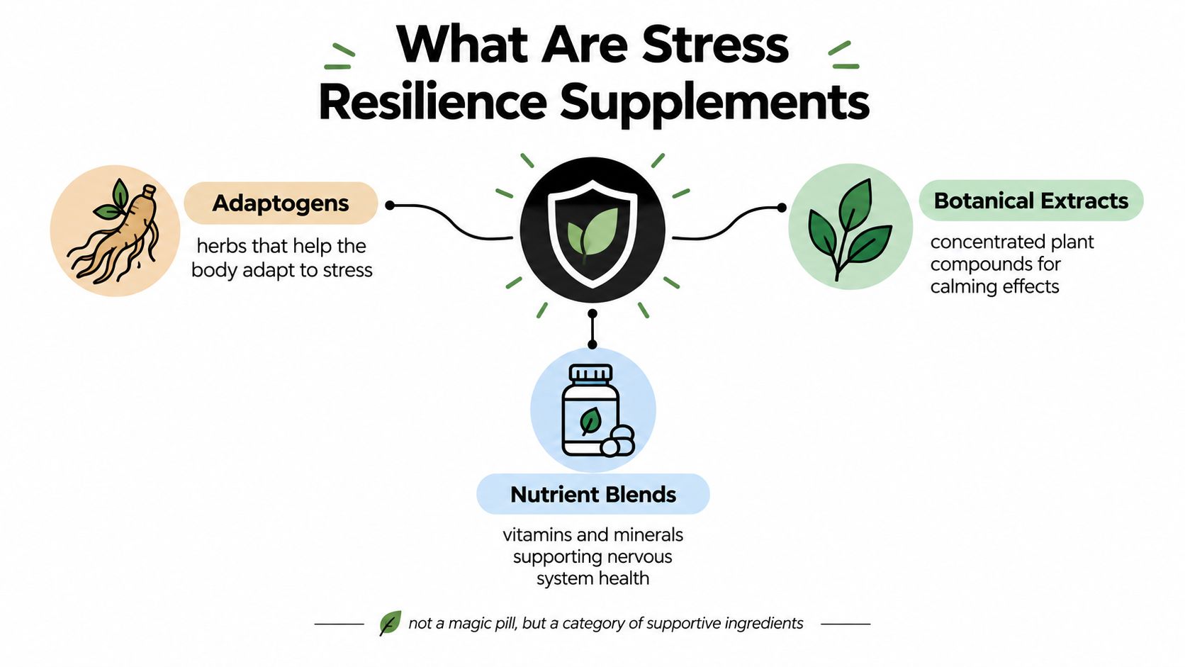 An infographic titled What Are Stress Resilience Supplements explaining adaptogens, botanical extracts, and nutrient blends for stress support.