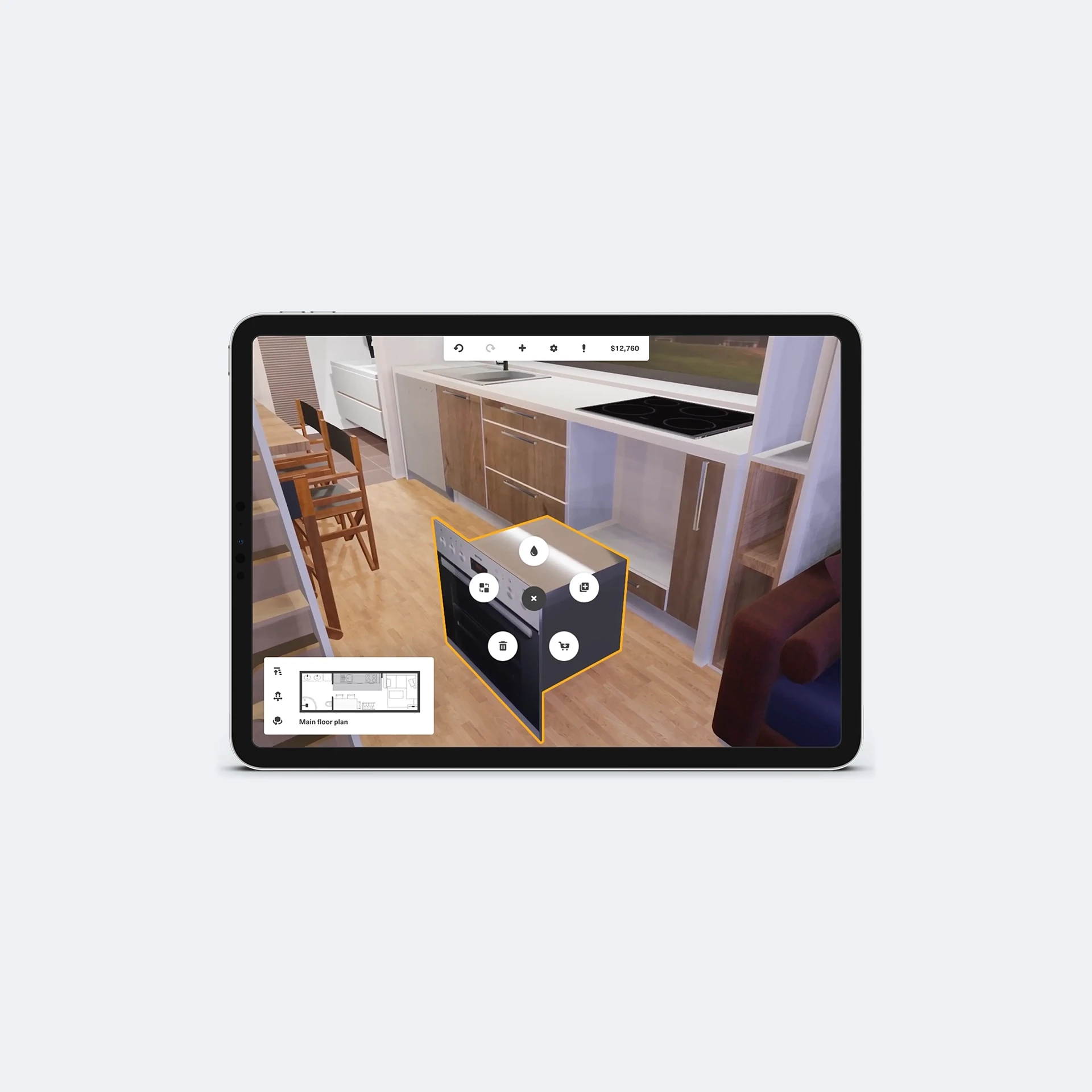 An iPad mockup displaying the responsive version of the Tiny House configurator. Shows how the complex design system adapts seamlessly to touch screens, ensuring a smooth user experience across all devices.