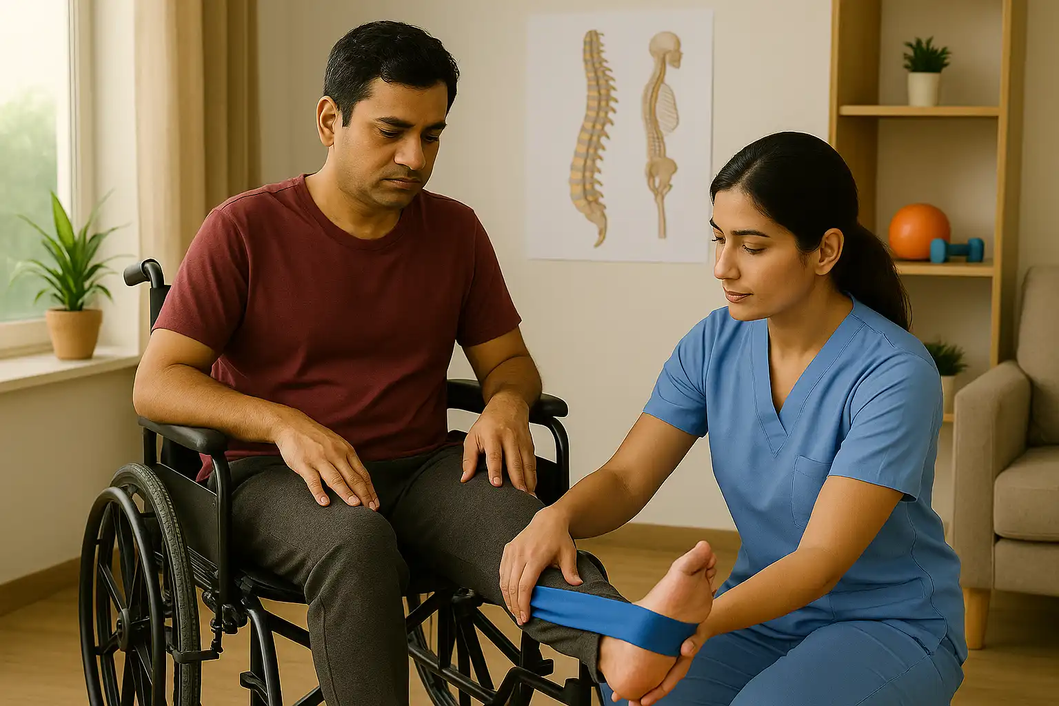 A man in a wheelchair receiving physiotherapy as a therapist supports and stretches his foot using a resistance band.