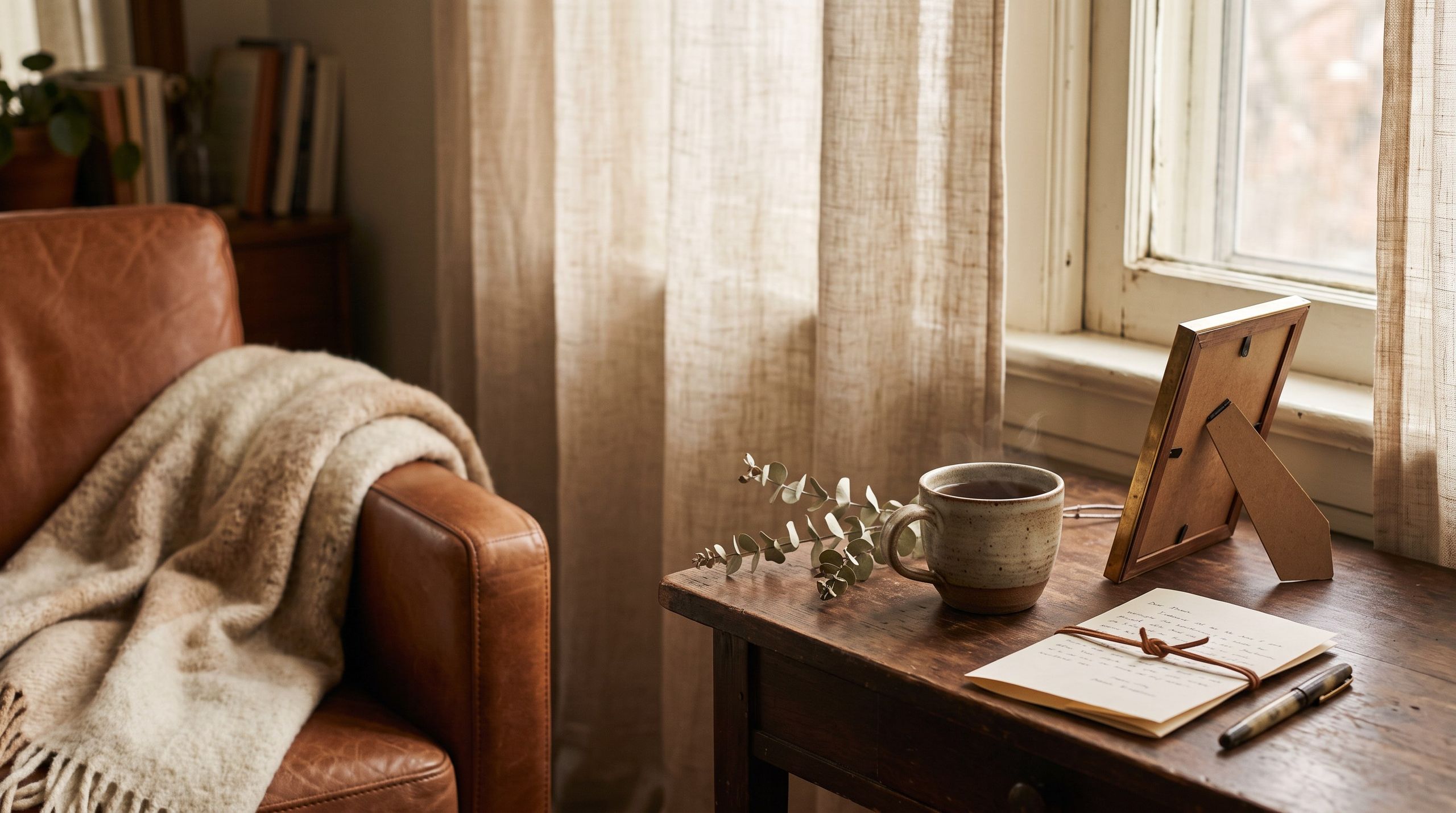 A cup of tea, a framed photo and a handwritten letter on a table by the window