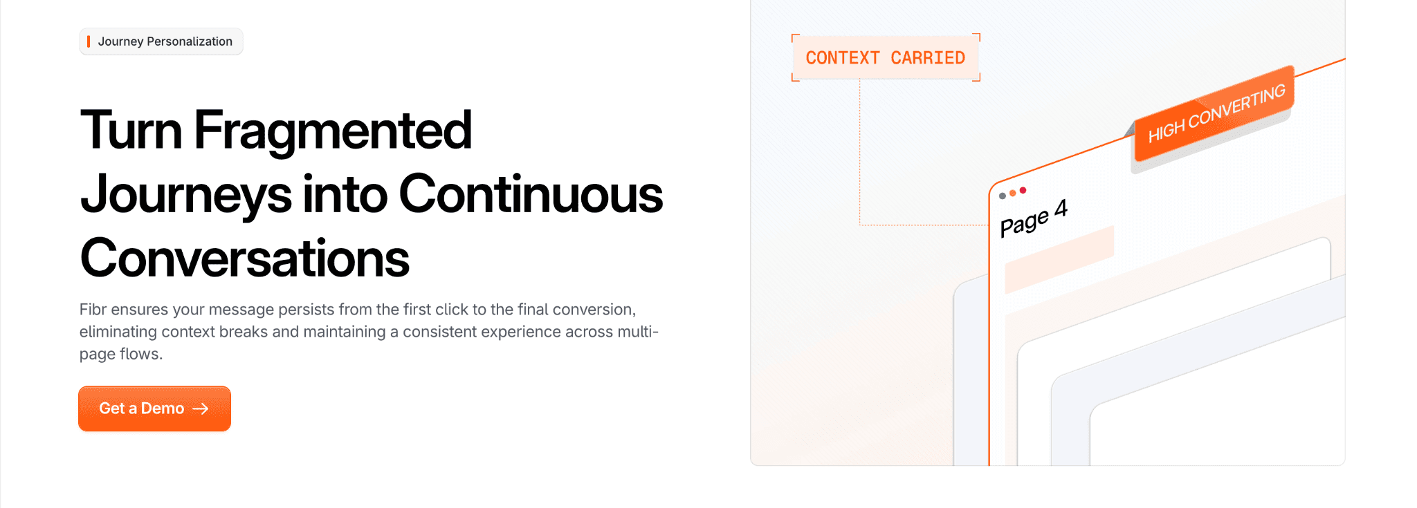 Fibr Journey Personalization showing visitor context carried across multiple pages.