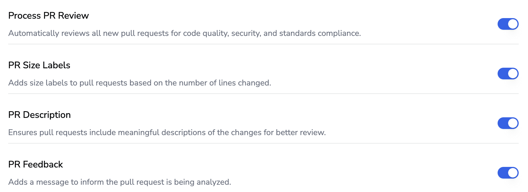 Code review settings panel enabling automated PR review for code quality, security, PR size labels, and required descriptions to improve code quality metrics and consistent review standards.