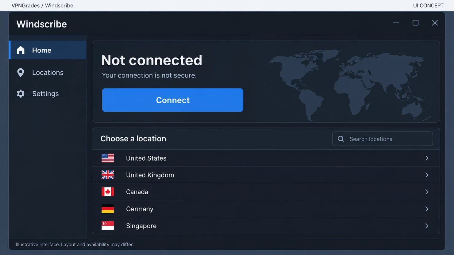 Windscribe: a desktop connection interface (illustration).