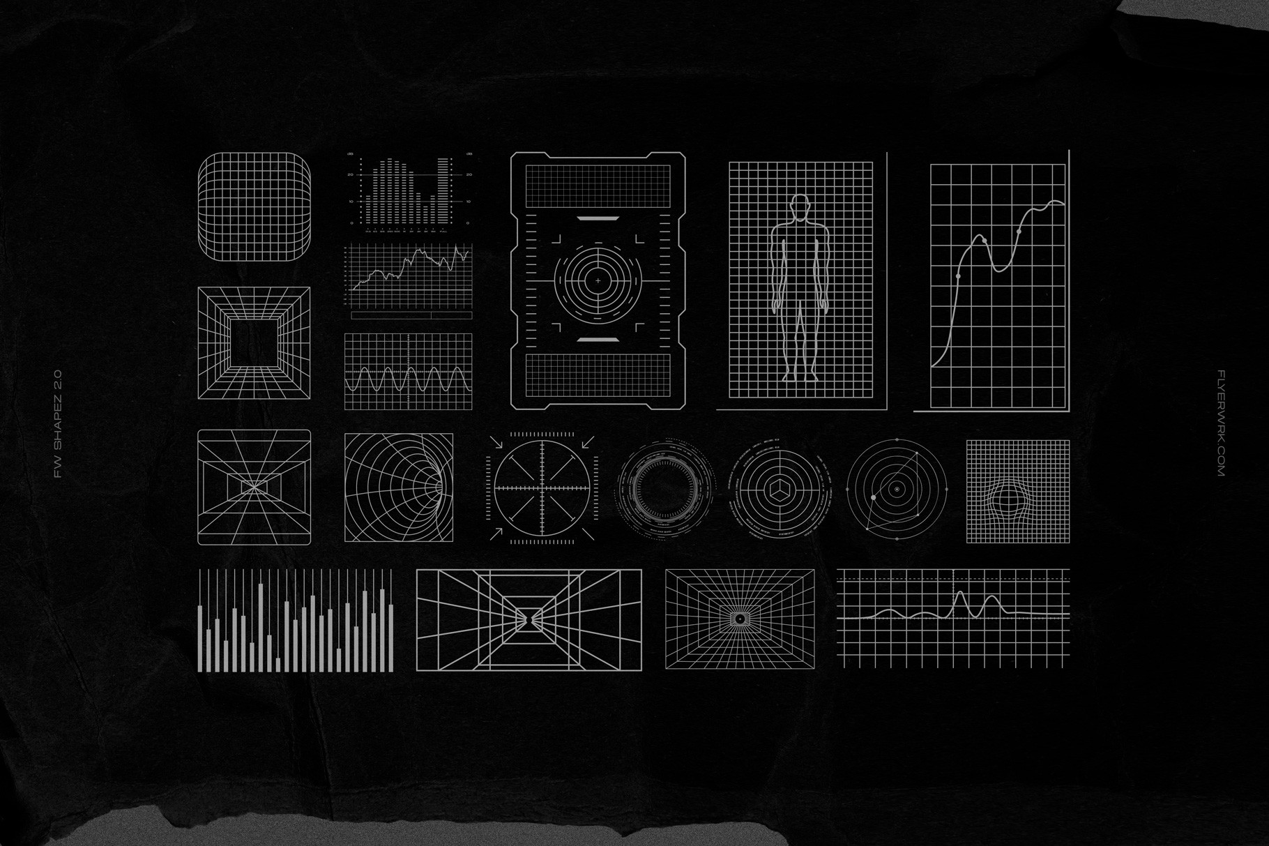 Retro Futuristic Shapes vector interface elements with graphs, UI grids and technical diagrams