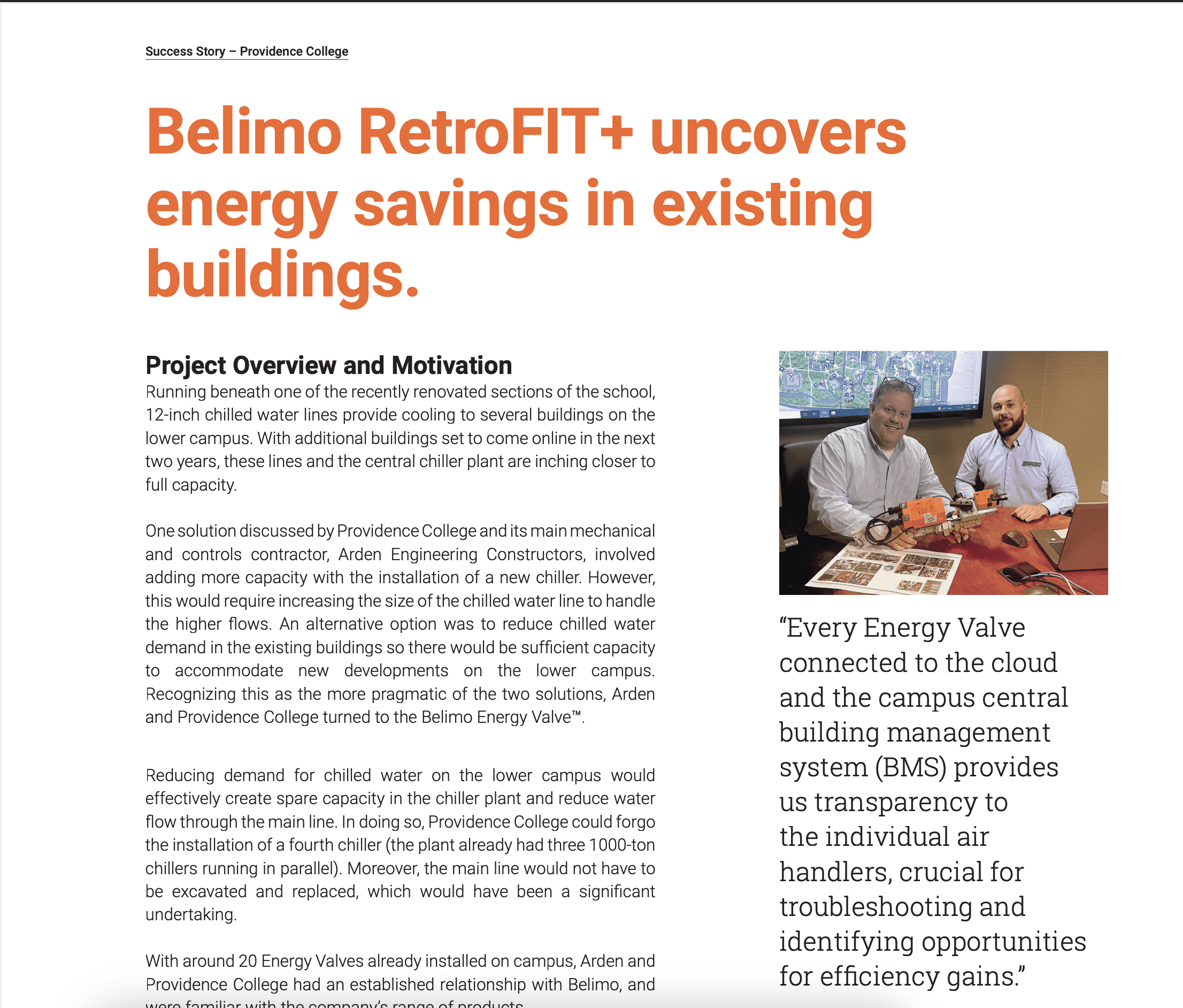 Cropped screenshot of a press release from Belimo titled "Belimo RetroFIT+ uncovers energy savigns in existing buildings"