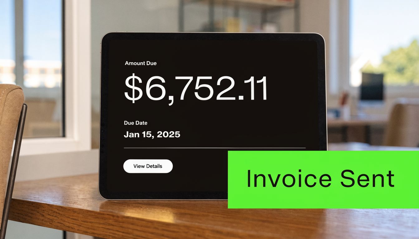 A digital tablet on a wooden desk displaying an outstanding invoice amount and a due date.