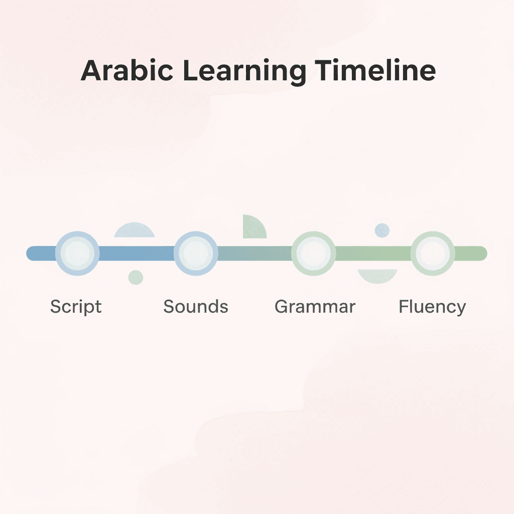 Timeline showing Arabic learning progression milestones