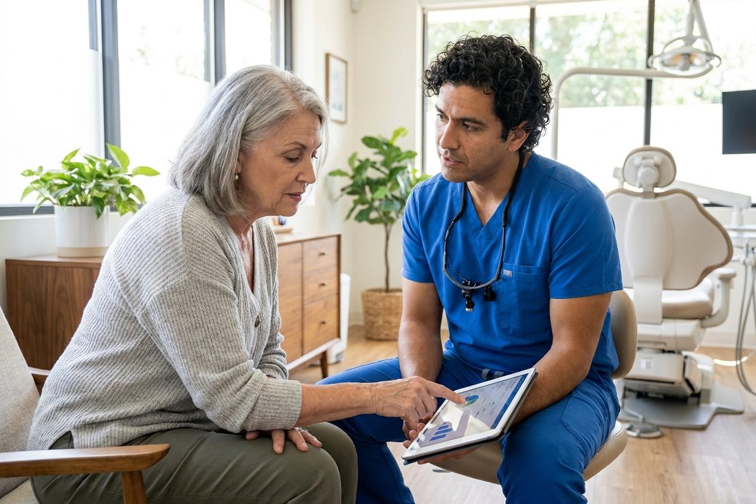 Implant specialist reviewing the cost of a bridge versus an implant with a patient