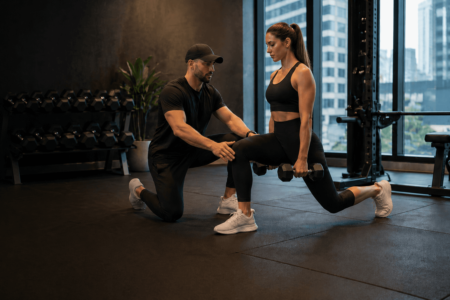 Ten FLD NYC personal trainer with his client doing lunges