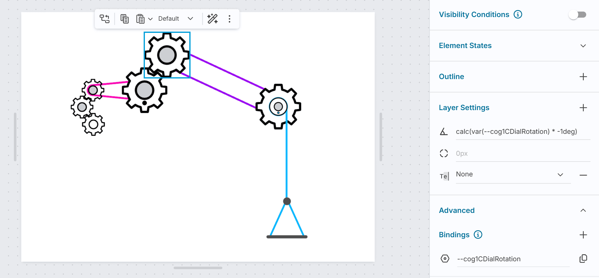 Two gear images rotating in opposite directions in response to a slider