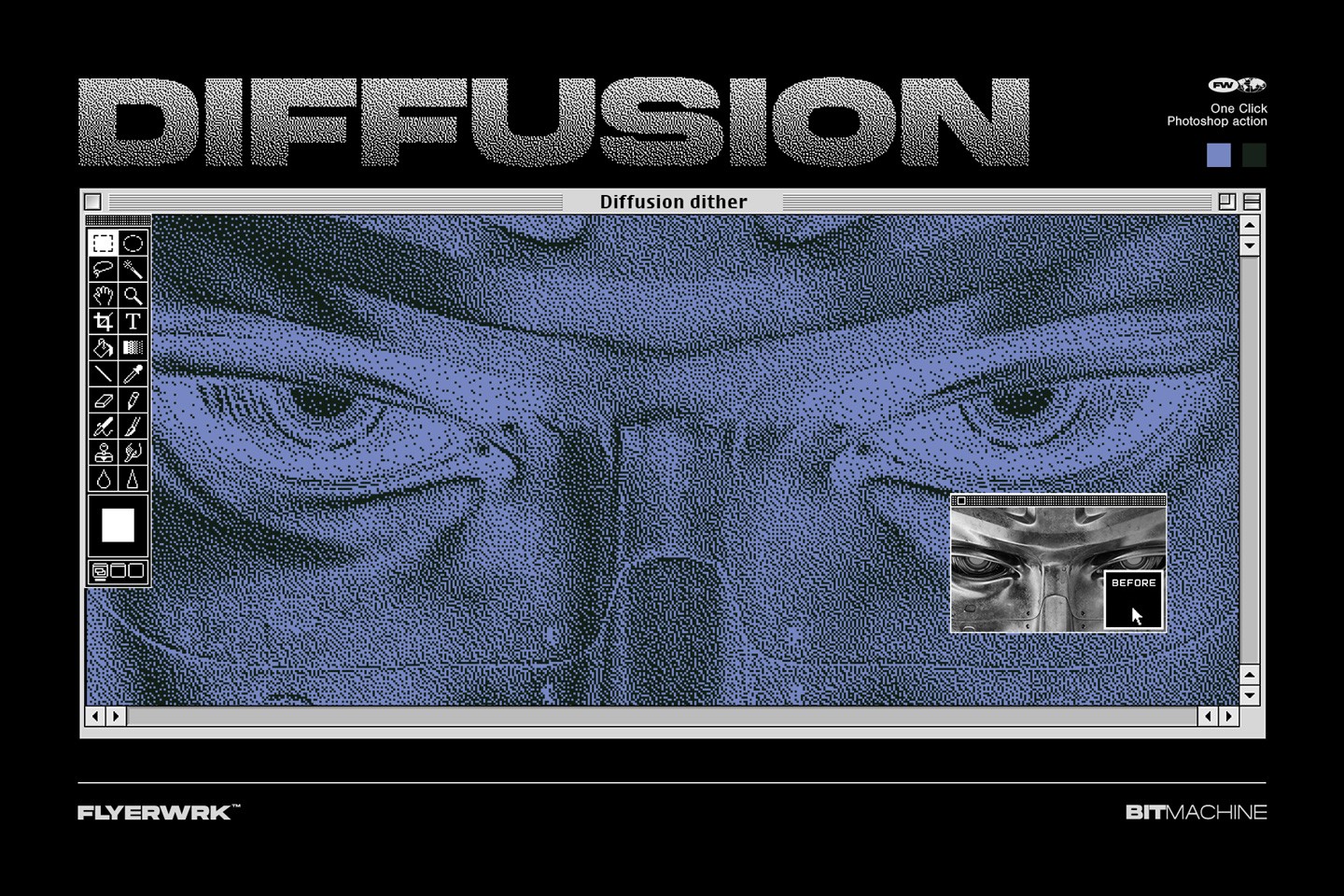 Close up of the blue diffusion dither effect creating a grainy 90s computer screen look