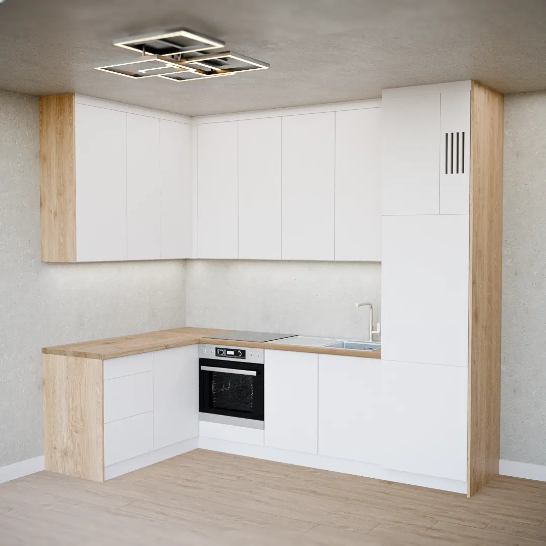 Minimalistyczna biała kuchnia w kształcie litery L z drewnianym blatem i wbudowanym piekarnikiem.