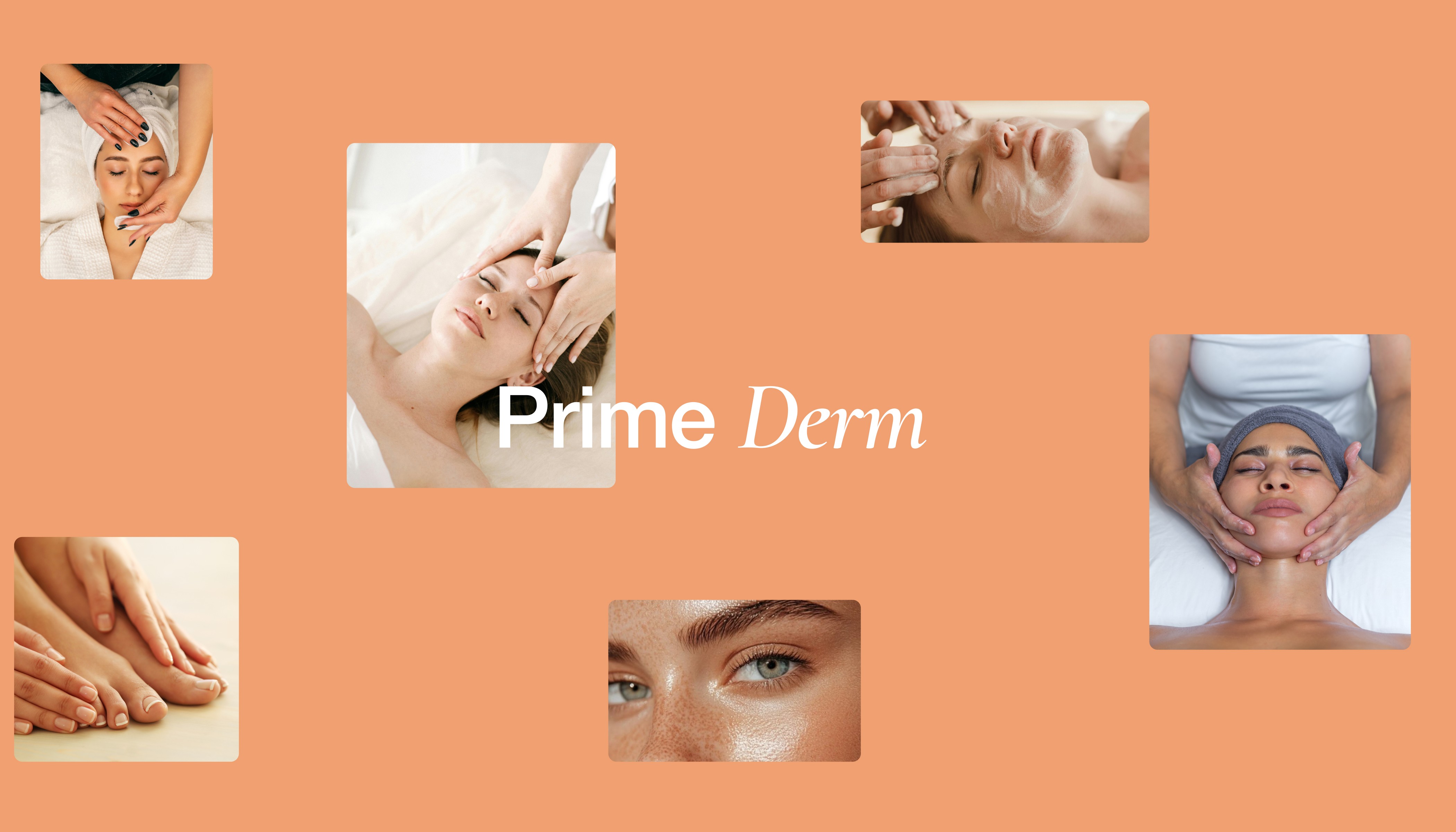 Collage of images showcasing various dermatological and skincare treatments with the text 'Prime Derm' in the center, featuring close-ups of facial treatments, hand care, and eye care.