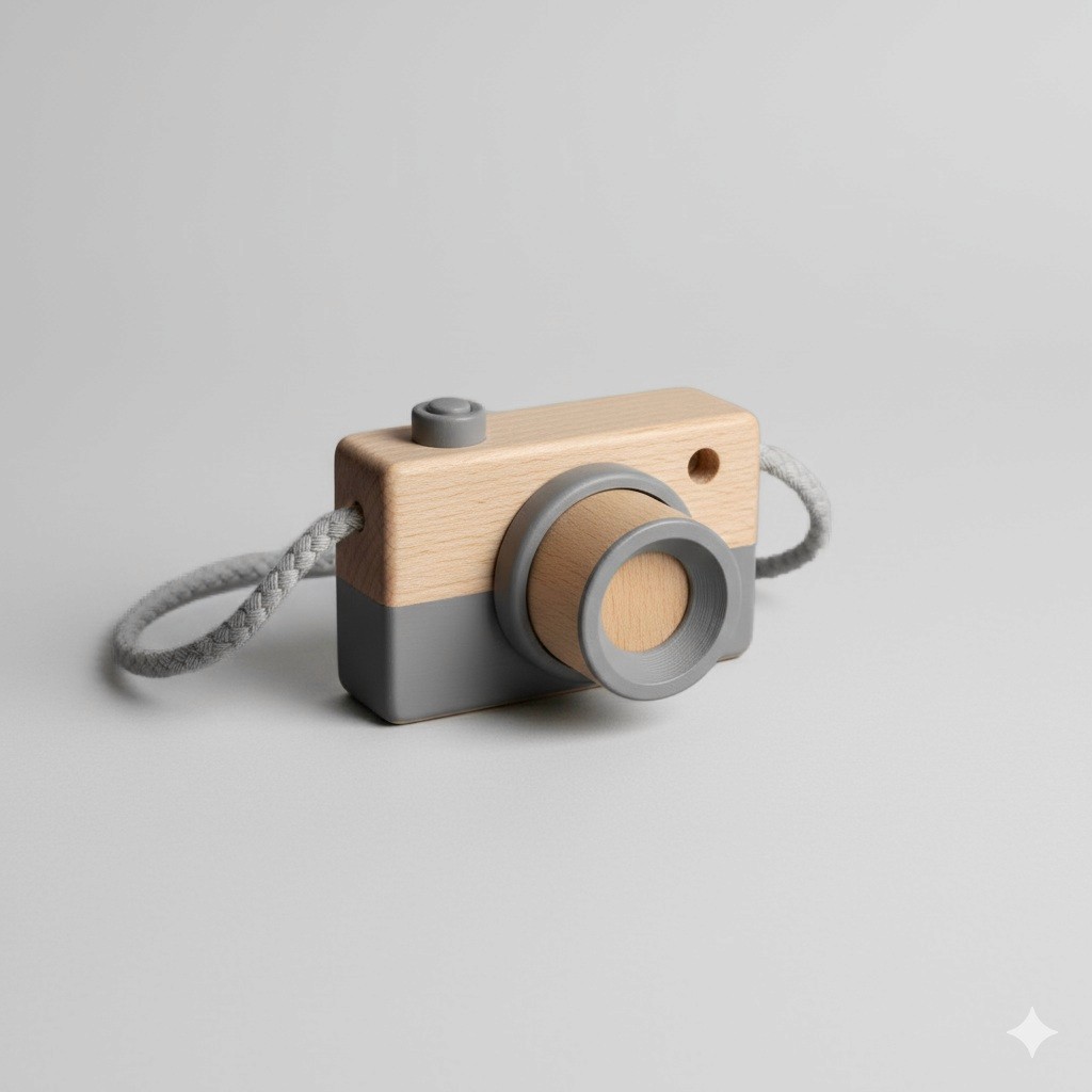 Handcrafted wooden toy camera with a gray painted base, natural lens detail, and a braided cotton carry strap.