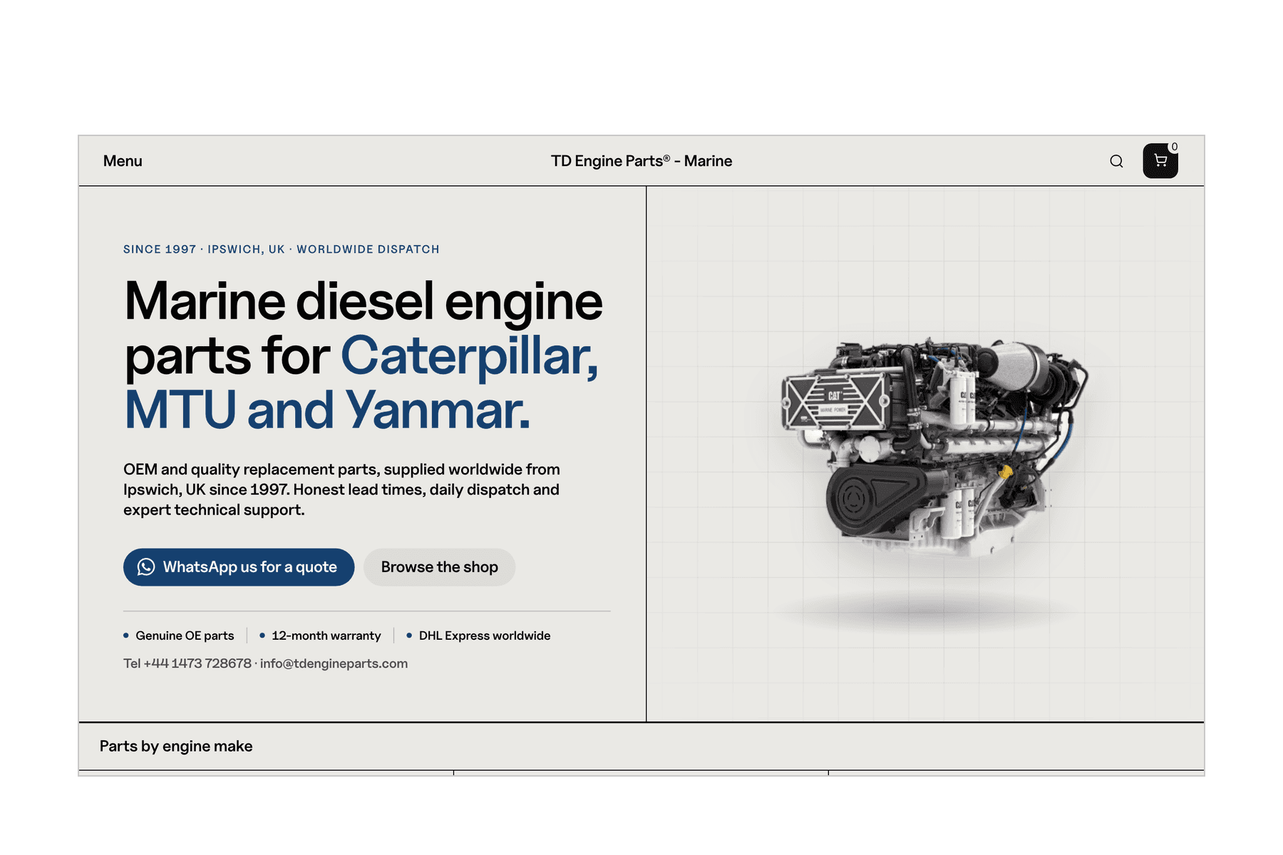 Tile: the tdengineparts.com homepage on a desktop, hero and brand tiles — Turbo Diesel Engine Parts, 2025–2026, web and data