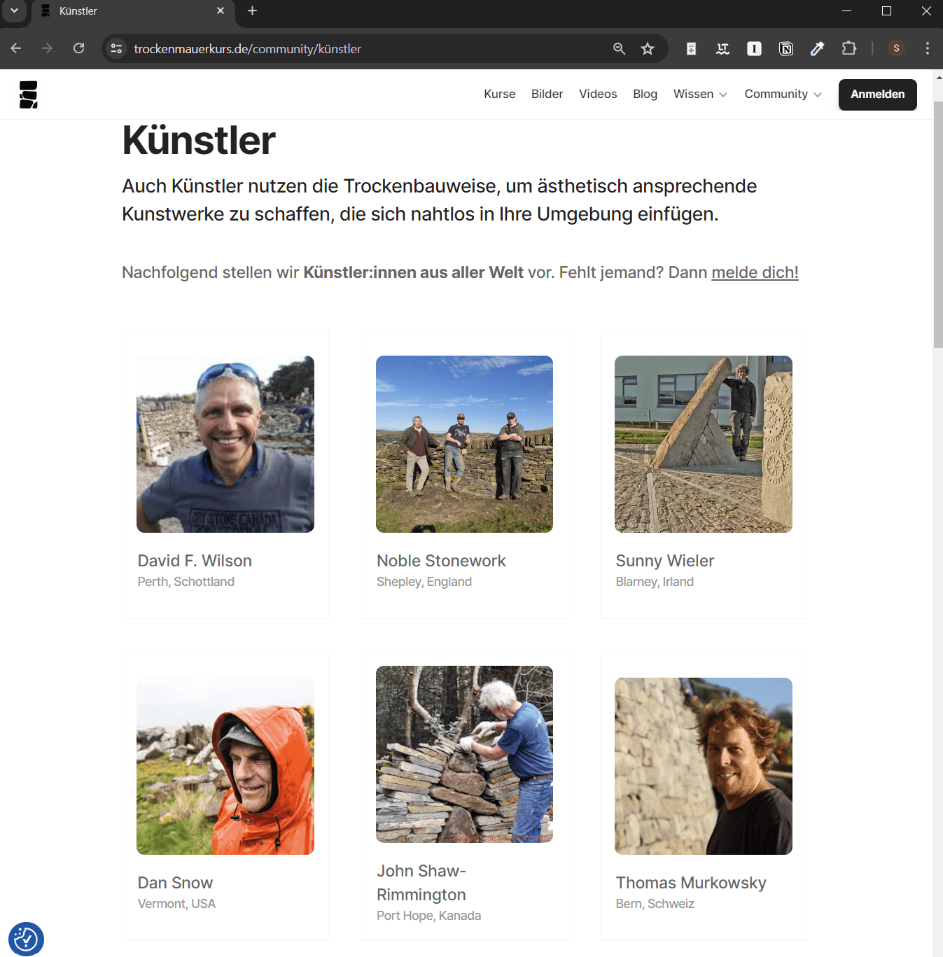 Screenshot Künstlersektion aus Trockenmauerkurs.de