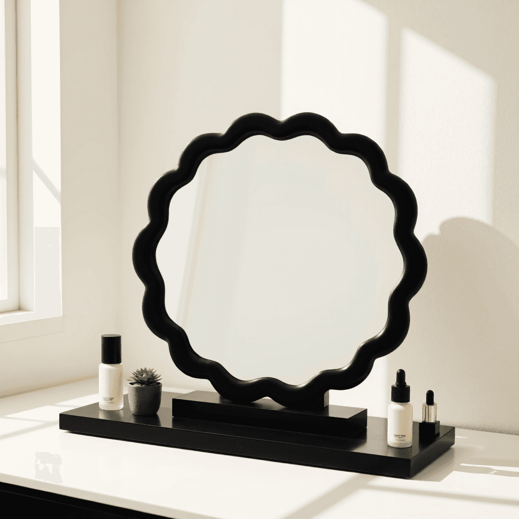 product photography of a decorative tabletop mirror with a wavy black frame