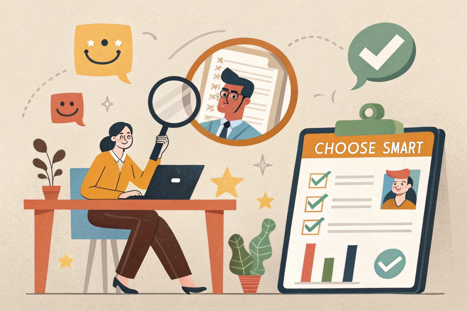 Professional reviewing a checklist and magnifying glass over a LinkedIn-style profile card with a checkmark and bar chart, flat editorial vector in orange, mustard, cobalt and green