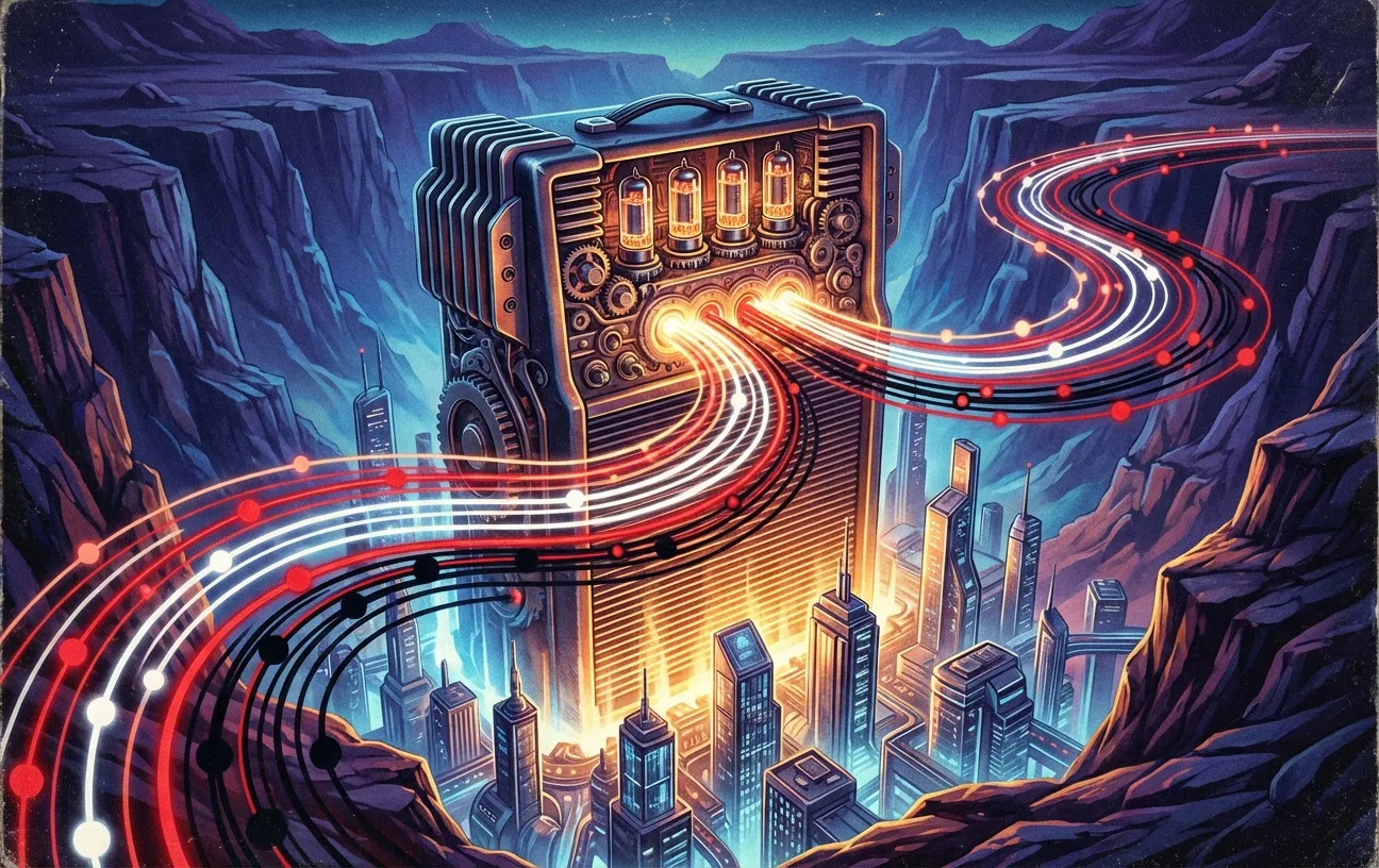 RockN' Socials amplifier powers a glowing digital cityscape. Digital Marketing Agency.