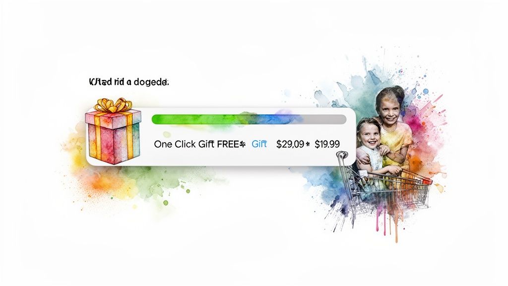 Watercolor image of a gift box, price comparison, progress bar, and happy children in a shopping cart.