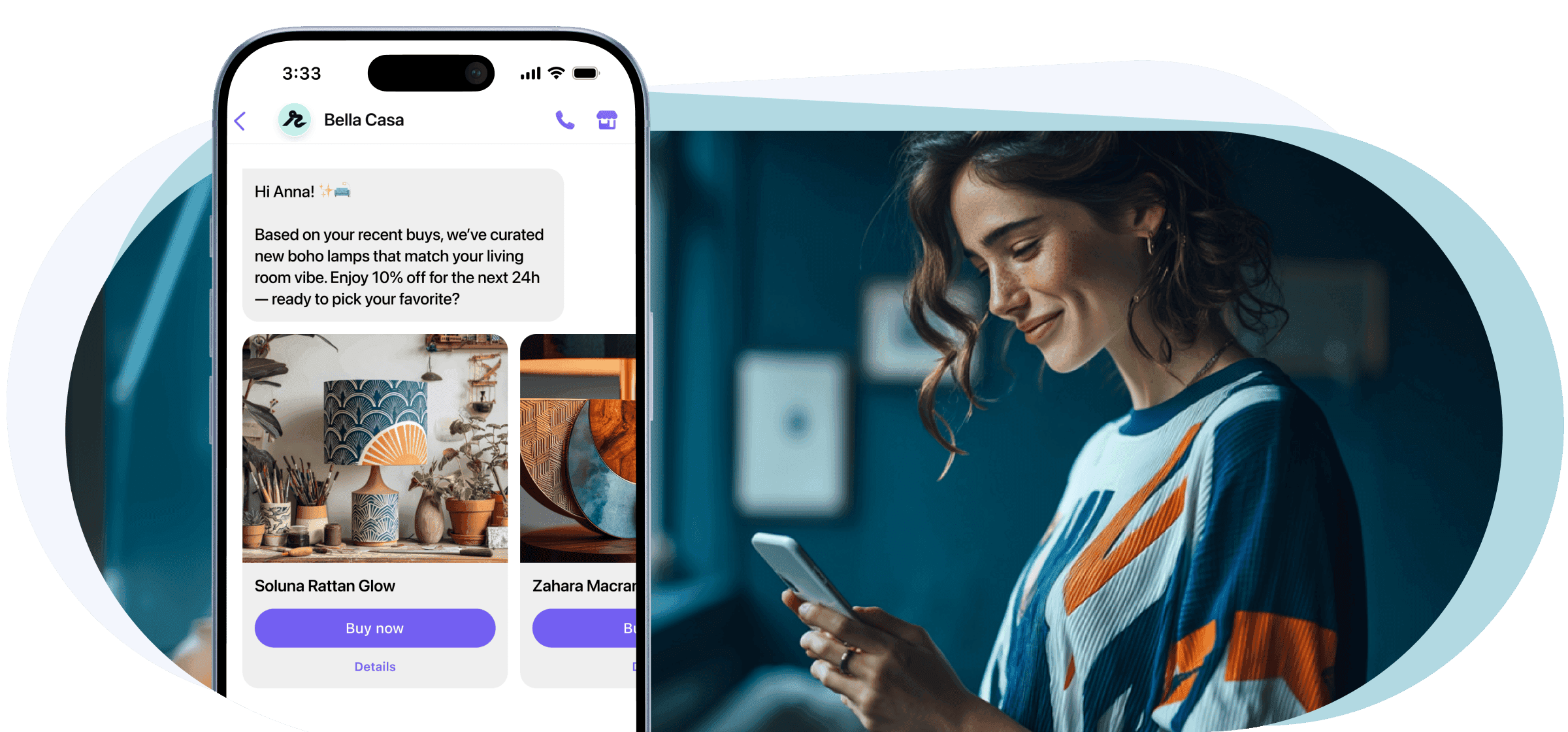 Happy woman looking on her smartphone, which depicts a personalized Viber message (desktop view)