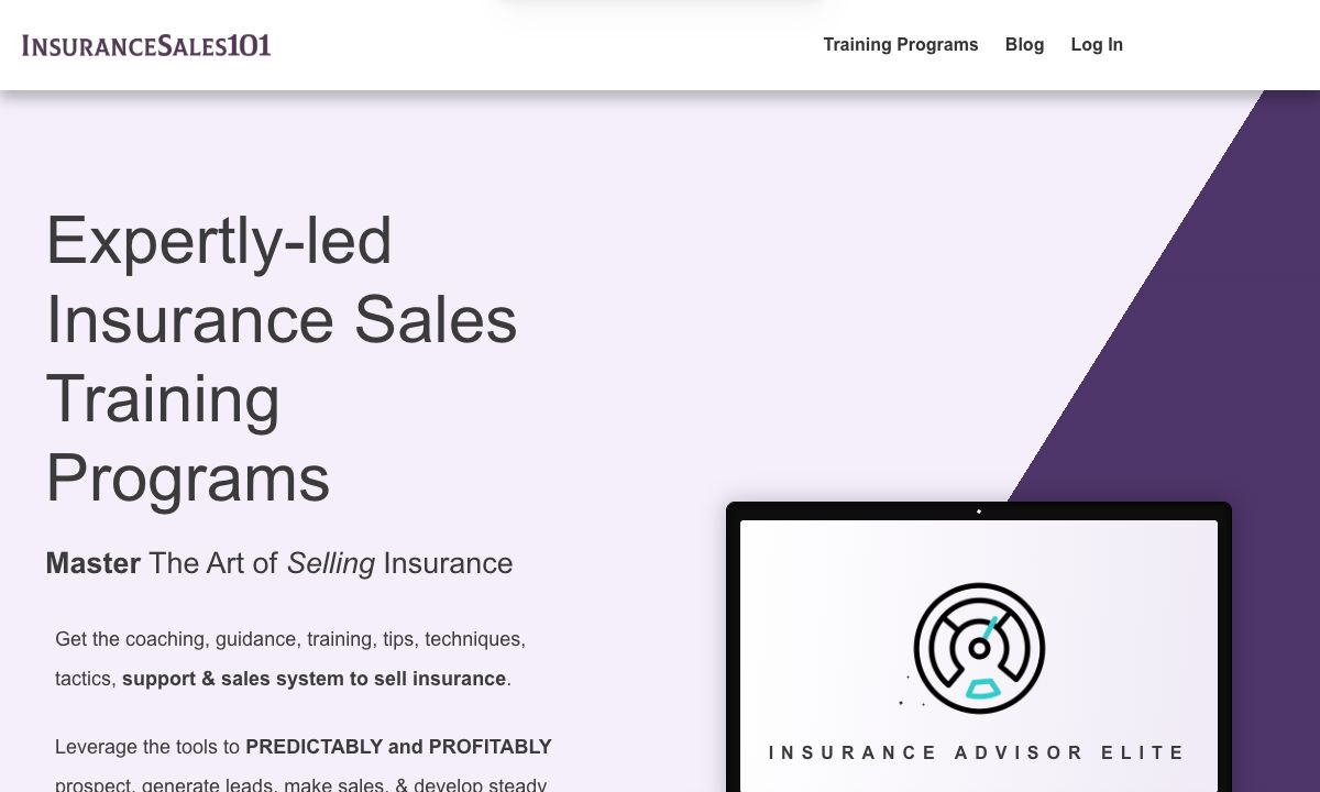 InsuranceSales101 official website showing its training offering.