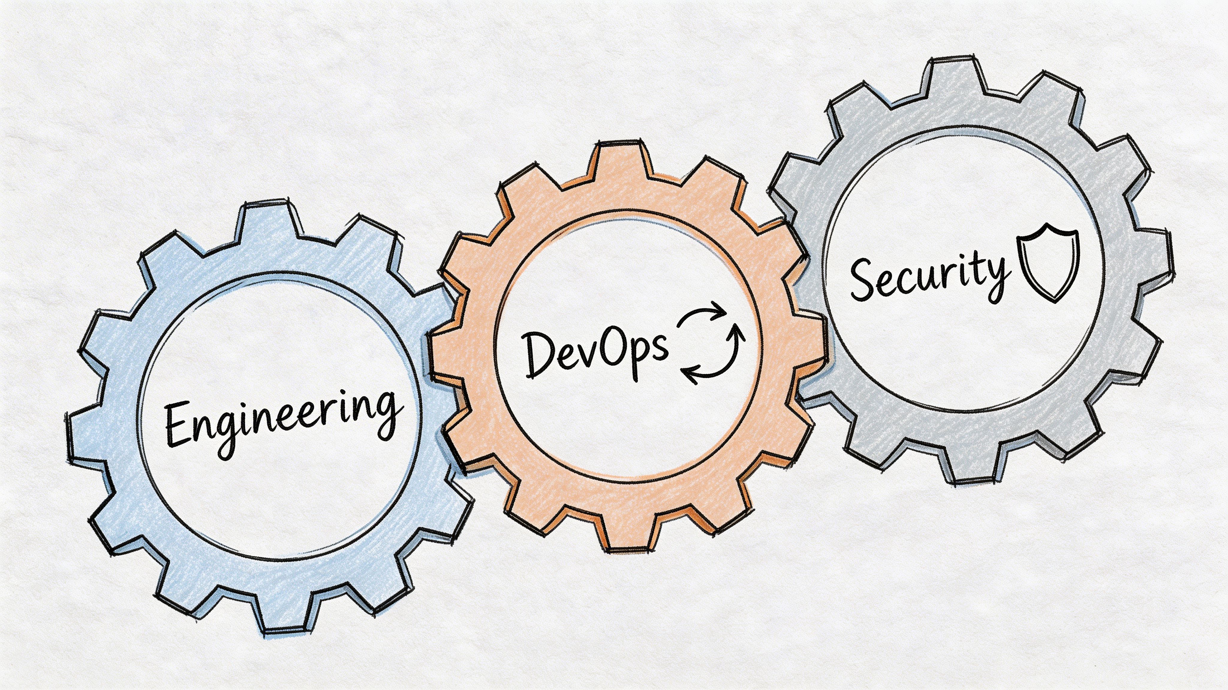 A hand-drawn style illustration showing three interlocking gears labeled Engineering, DevOps, and Security on a white background.