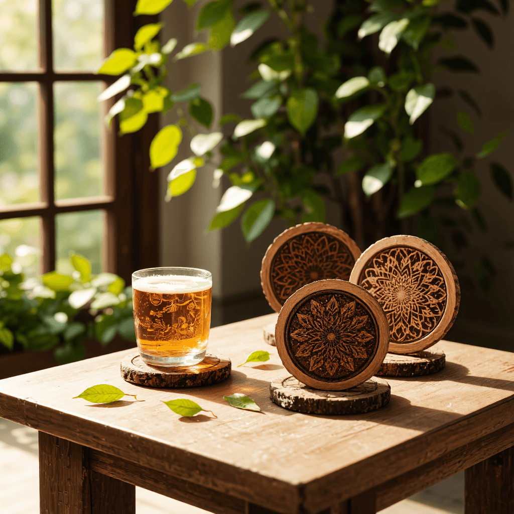 product photography of set of decorative wooden coasters