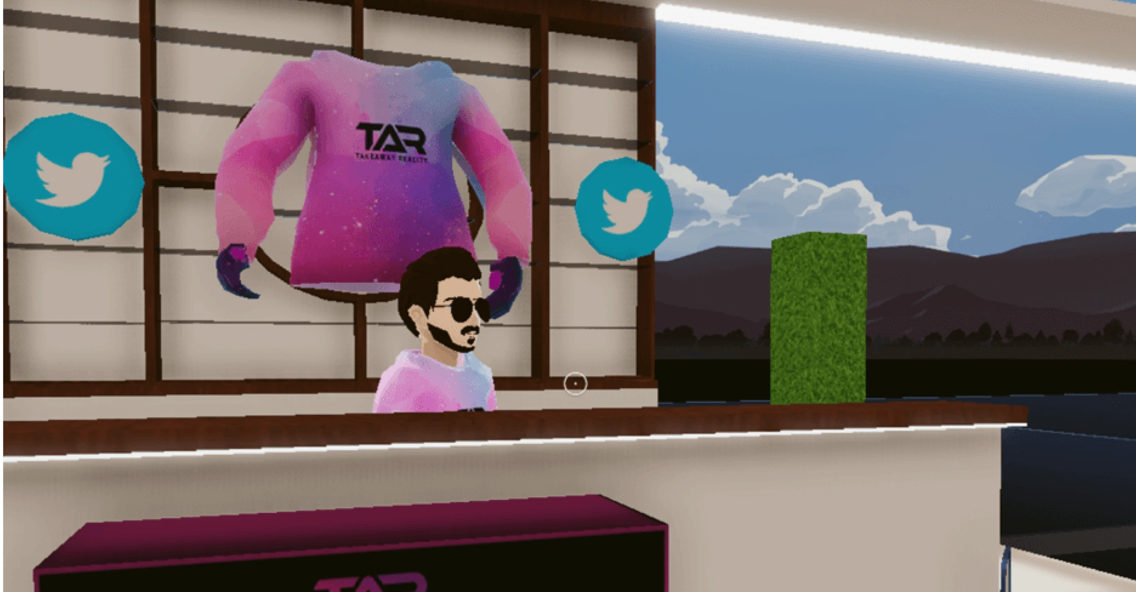 This is an image of a metaverse development project in decenraland which tar has created. It is an image of a man standing in a metaverse space in front of a metaverse fashion item, we have a lot of experience in metaverse development and roblox development and this is one of the examples of our metaverse development work.