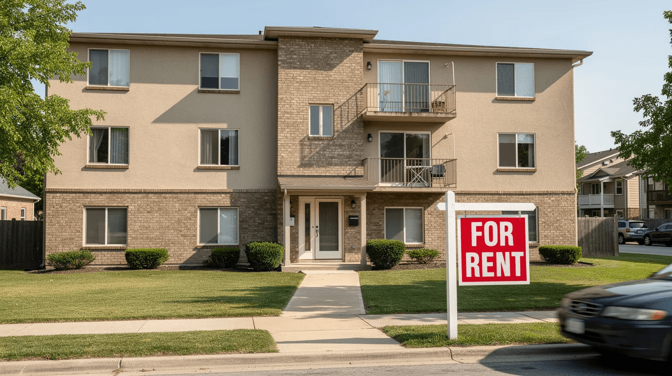The image shows a small residential apartment building with a "for-rent" sign prominently displayed in front, indicating availability for rental property. This setting is a common sight for real estate investors looking to capitalize on tax benefits such as depreciation deductions and potential capital gains tax considerations.