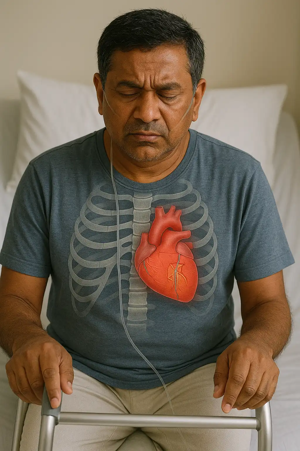 A man with oxygen tubing seated and holding a walker, with an anatomical heart illustration on his chest showing the area affected post-valve replacement surgery.