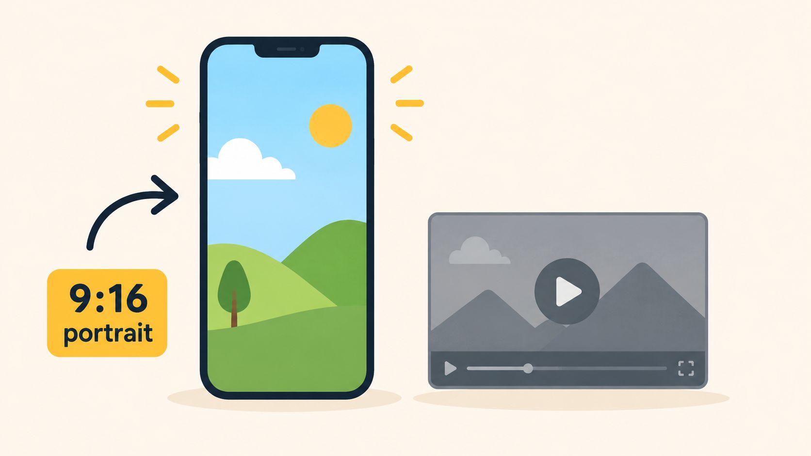 An illustration showing the transformation of a 9:16 portrait mobile video into a landscape video format.