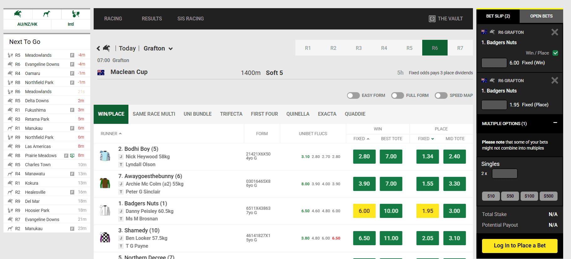 Each Way bet selected on the bet slip