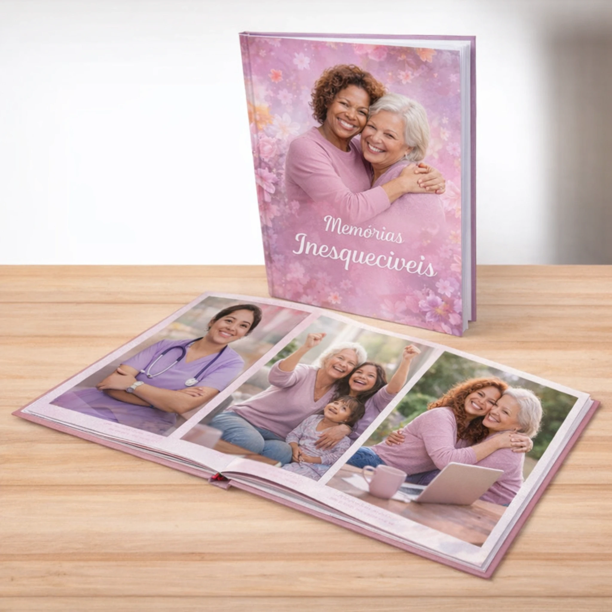 Pessoa segurando Fotolivro com foto em preto e branco de mãe beijando o filho recém-nascido, com o nome Pedro Henrique escrito na imagem