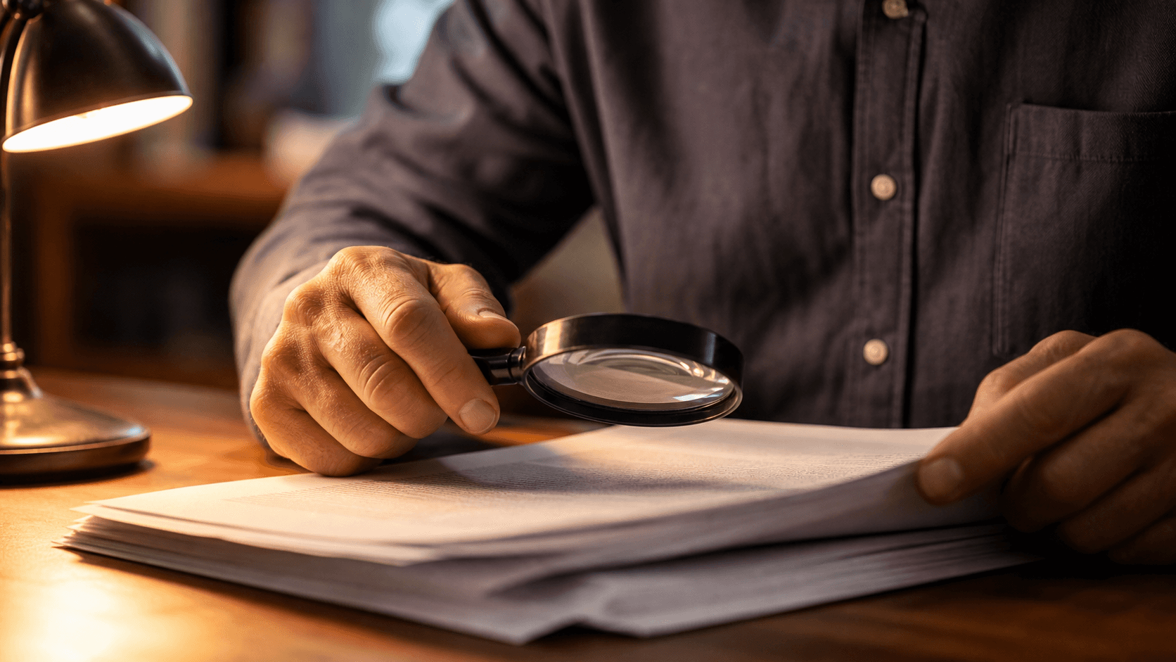 A person carefully reading a legal document at a desk, with a magnifying glass hovering over fine print on the pages, warm desk lamp lighting, close-up view showing hands and paper, realistic style, no text or words visible anywhere in the image